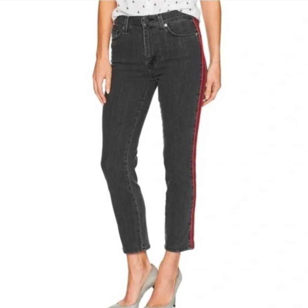 Hudson Faded Black Zooey High Rise Ankle Jeans with Red Side Stripes Size 28